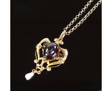 An Art Nouveau unmarked gold high cabochon rubellite tourmaline and blister pearl pendant necklace, on gilt-metal belcher lin