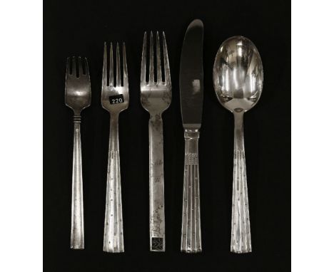 'Champagne', a silver fork, spoon and knife,designed for Georg Jensen by Orla Vagn Mogensen,a No. 33 pattern fork, anda Swedi