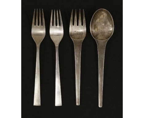 'Caravel', a silver fork and spoon,designed for Georg Jensen by Henning Koppel in 1957, andtwo 'Margrethe' pattern table fork