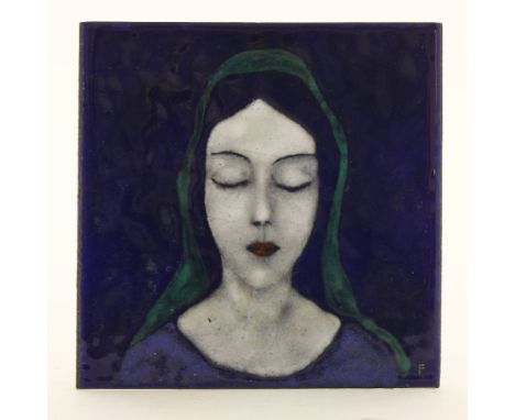 A Wiener Werkstätte enamel plaque,depicting a serene Madonna, by Mathilde Flogel, signed with initial, 10.5cm square