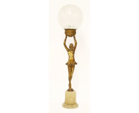 An Art Deco spelter table lamp, modelled as a lady holding the lamp aloft, 60cm high