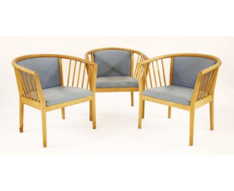 Three beech armchairs,with light blue upholstered seats, labelled 'Vils Møbler' (3)