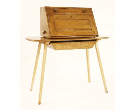 An Ercol tabletop writing bureau,with a drawer and drop front,68cm wide, anda side table,with a basket drawer,105cm wide (2)