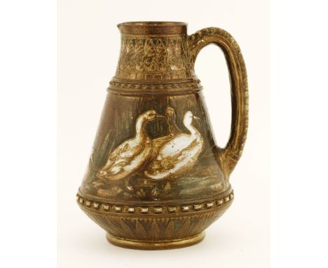 An R W Martin stoneware jug,dated 1875, of tapering conical form with a copper lustre glaze, incised with a band of geese hei