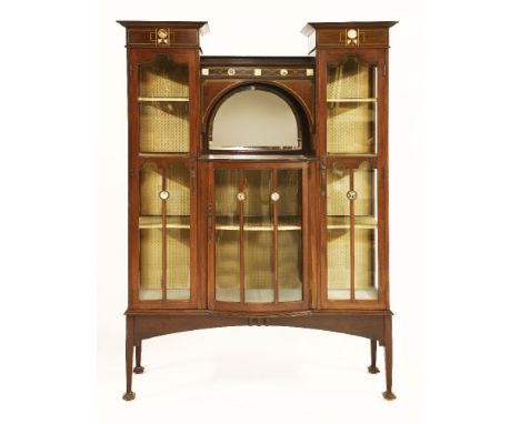 A Shapland and Petter mahogany inlaid display cabinet,the inlaid details with abalone discs and squares, the raised glazed cu