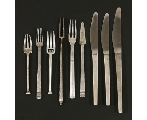 A silver knife and fork,by Charles Boyton,fork 15.7cm,three silver-handled 'Embassy' knives,by David Mellor, Sheffield 1963 a