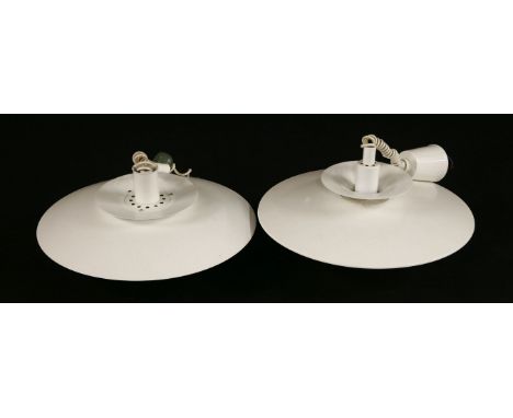 Two Louis Poulsen-style light pendants,with coloured details in either red or lilac, 45cm diameter (2)