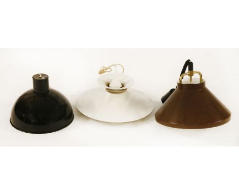 Three Danish hanging light pendants,in brown, white and black,largest 45cm diameter (3)