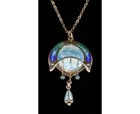 An Arts & Crafts sterling silver and enamel pendant, by James Fenton, of stylised form, enamelled decoration in shades of blu