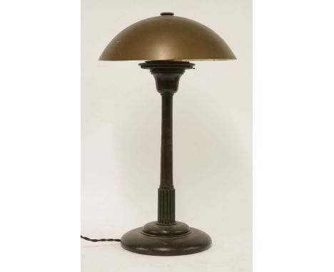 A mahogany table lamp,with three light fittings and with a copper shade,52cm high