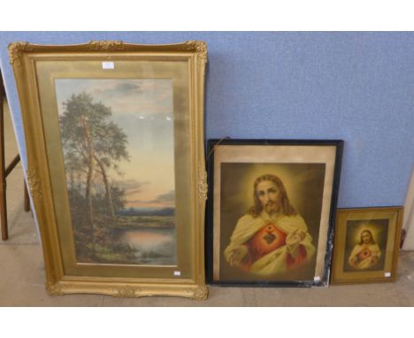 A landscape print and two prints of Jesus 