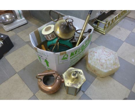 A box of assorted items, including brass lantern, glass light shade, copper kettle, etc. 