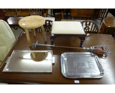 Two stools, two metal trays and a shooting stick 