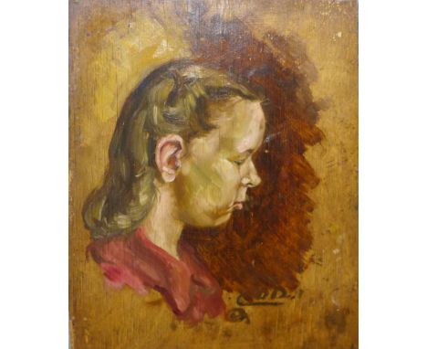 English School (early 20th Century) portrait of a girl, oil on board, indistinctly signed, 37 x 31cms, unframed 