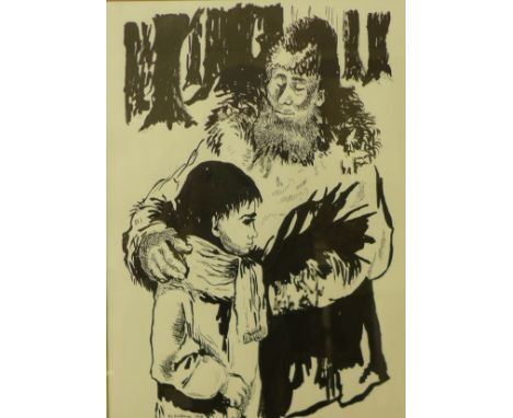 Bo Hoffman, portrait of man and boy, pen and ink, 36 x 26cms, framed 