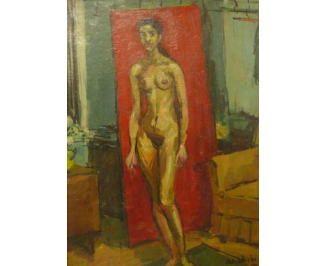 Peter Collins, portrait of a female nude, oil on board, 49 x 36cms, framed 