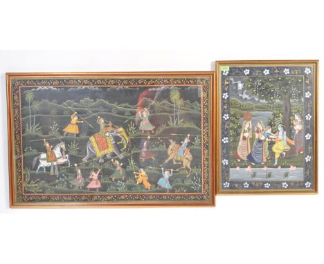Two vintage 20th century Indian Mughal style reverse painted glass pictures portraying men hunting a tiger together with anot