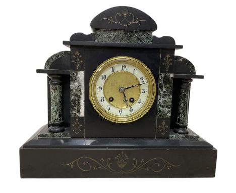 French-  late 19th century 8-day Belgium slate mantle clock c1890, break front case with contrasting variegated marble panels