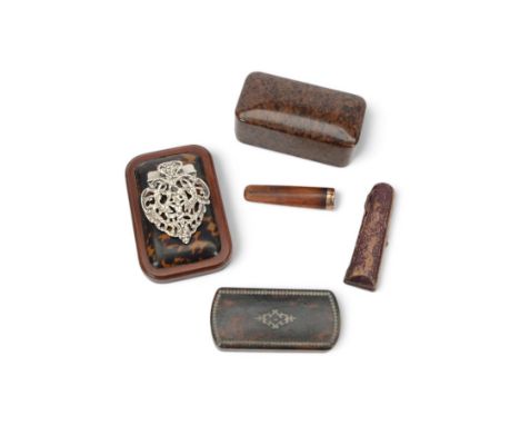 Faux tortoishell and silver money/paper clip, the clip hallmarked Birmingham 1893, together with a Bakelite watch box, inlaid
