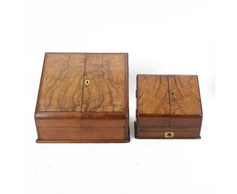 Correspondence box, the front with twin sloped doors opening to reveal a compartmented interior fitted with pen tray, inkwell