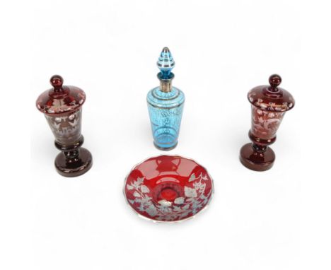 Pair of Victorian Bohemian ruby glass goblet and cover, together with a blue glass decanter and a ruby plate with silvered ov