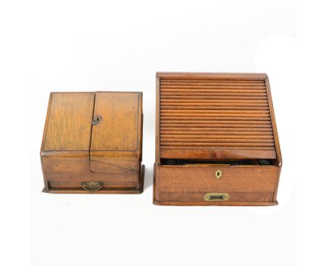 Oak correspondence box, with tambour front, marked Clark's patent self coiling revolving shutter above a lower draw, together