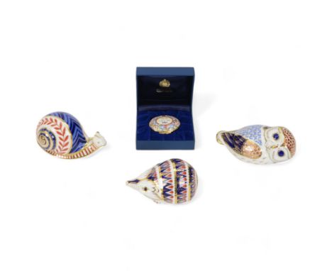 Halcyon Days Mulberry Hall 'The Best is Yet to Come' enamel trinket box, boxed, together with three Royal Crown Derby paperwe