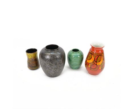 Four Poole Pottery vases, including a black Calypso example, small yellow Aegean example, tallest H23cm