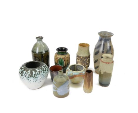 Collection of studio pottery vases, including an example from Shelf Pottery, of baluster form with a white glaze