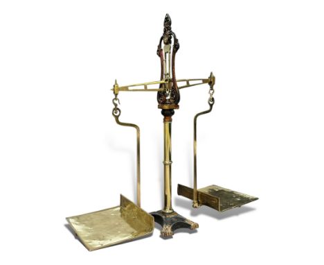 Large set of Avery cast iron and brass beam scales, class B to weigh 20lb, H110cm