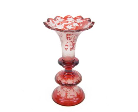 Victorian Bohemian ruby glass vase, etched with deer in a countryside setting and vide decoration to base, H31.5cm
