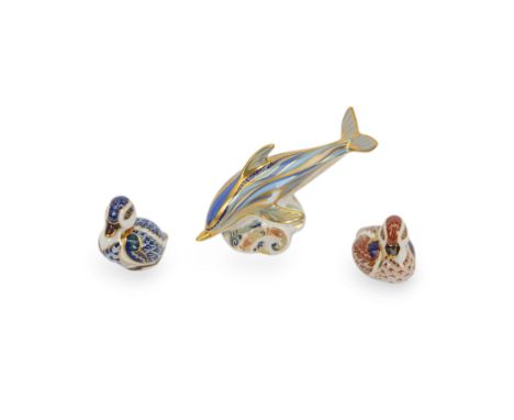 Three Royal Crown Derby paperweights, comprising Swimming Duck with silver stopper, Sitting Duckling with gold stopper, Stipe
