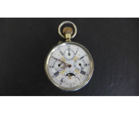 A base metal French pocket watch chronometer with moon roller secondary dial day date and month dials and top wind - Diameter