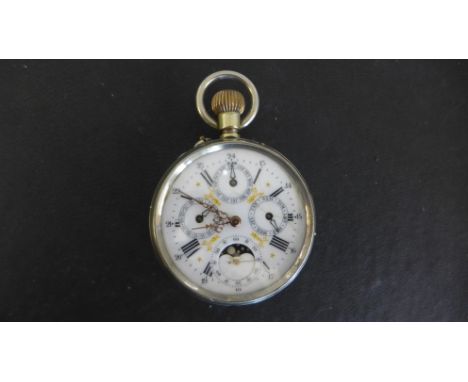 A base metal French pocket watch chronometer with moon roller secondary dial day date and month dials and top wind - Diameter