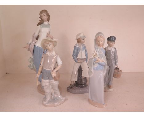 A group of four Lladro figures and one Nao figure - the tallest being 30cm 
Condition report: All in good condition 