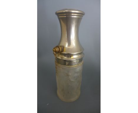 An R. LALIQUE relief decorated scent bottle with a plated top - Height 12cm 
Condition report: Some wear to plate, glass appe