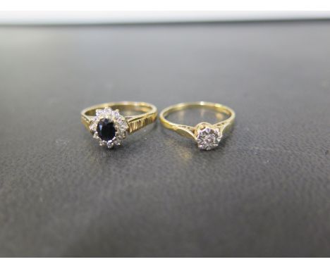 Two 9ct gold rings - To include and illusion-set diamond single-stone, size L1/2 - Together with a sapphire and cubic zirconi