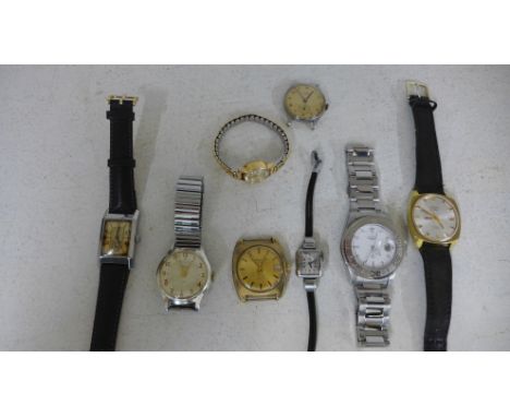 A selection of watches to include a steel rectangular Vertex, Rotary, Desta Safari and Smiths - all working together with fou