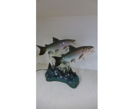 A Berneron Art table lamp of two trout on a realistic base - Length 44cm x Height 32cm 