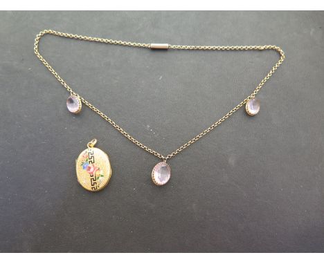 An amethyst necklace - Length 38cms - Together with an enamel locket - Length 3cms - Both test as 9ct gold - Total weight app