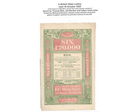 EARLY LOTTERY COLLECTION, including a British State Lottery Advert printed by Whiting & Branston, 1784 Lottery ticket, 1/16th