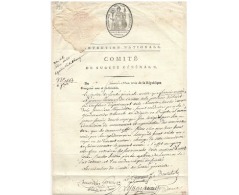 ORDER OF ARREST SIGNED WITH IMPRESSED SEAL 1794 BARRASOrder signed, 1 page, for the removal by the gendarmerie nationale of F