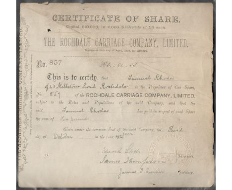 1902 The Rochdale Carriage Company share certificate