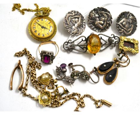 Three silver Art Nouveau buttons, a pair of onyx and pearl earrings, a pair of simulated pearl earrings a gilt metal fob watc