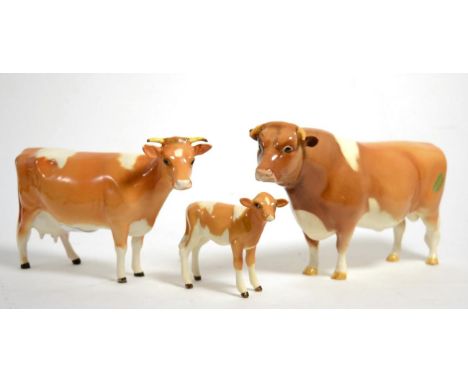 Beswick Cattle Comprising: Guernsey Bull Ch. ''Sabrina's Sir Richmond 14th'', model No. 1451, Guernsey Cow, first version, mo