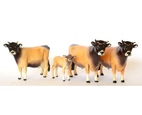 Beswick Cattle Comprising: Jersey Bull Ch.''Dunsley Coy Boy'', model No. 1422, another, Jersey Cow Ch. ''Newton Tinkle'', mod