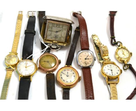 A silver cased Caney travel clock, a Certina wristwatch on a 9ct gold strap and six other wristwatches  