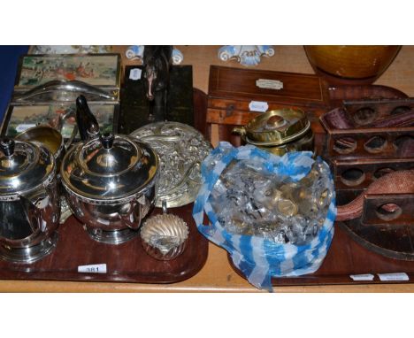 Two trench art ashtrays, plated cigarette box, pipe wall holding plaque, plated ware, bronzed horse on stand, Buss 33 Hatton 