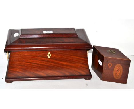 A George III mahogany sarcophagus form tea caddy, together with a shell inlaid example (2) 