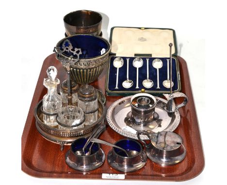 A Victorian cruet stand and matched bottles, three piece cruet, a set of six silver coffee spoons with seal terminals, a plat